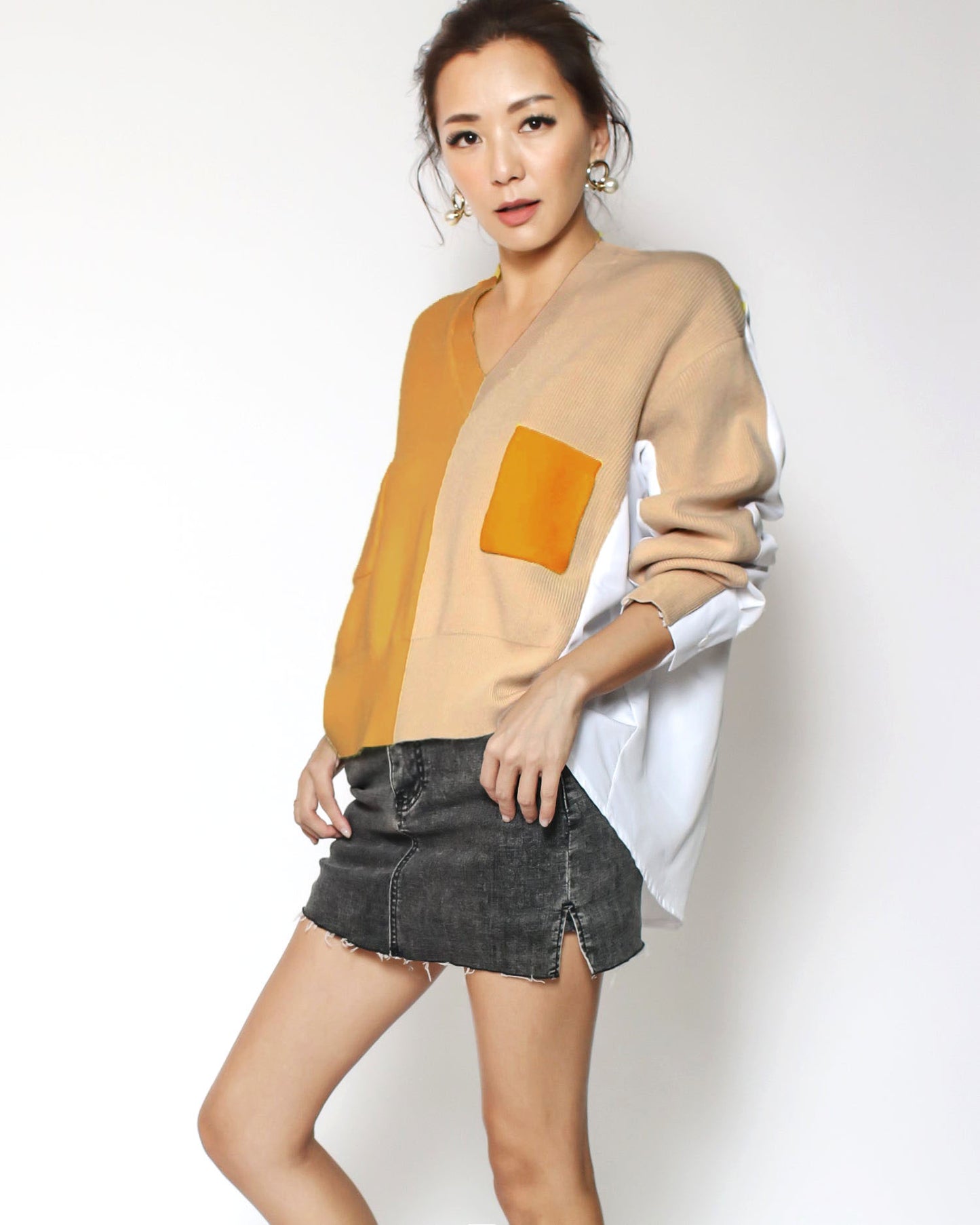 beige & mustard knitted with white shirt back contrast top *pre-order*