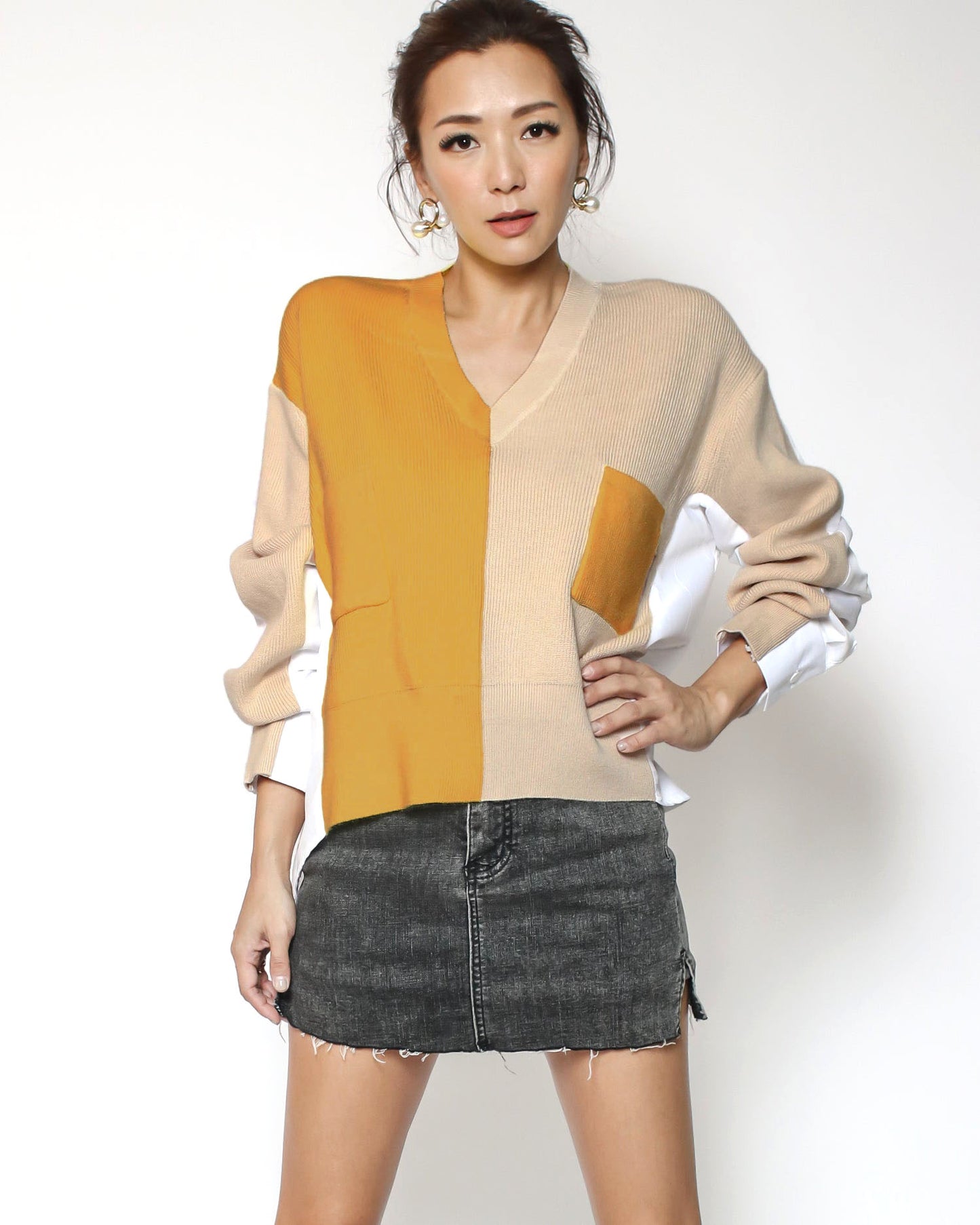 beige & mustard knitted with white shirt back contrast top *pre-order*