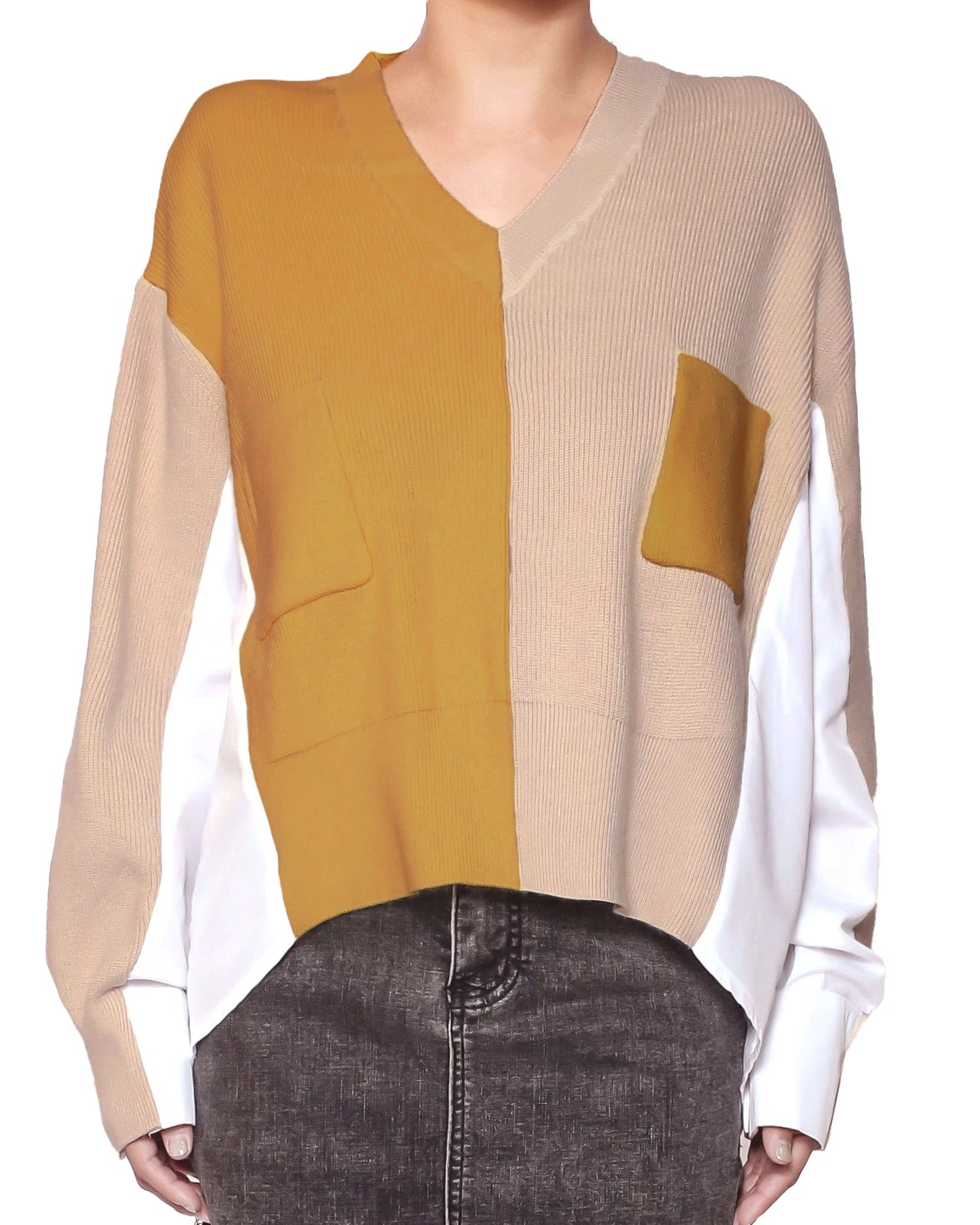 beige & mustard knitted with white shirt back contrast top *pre-order*