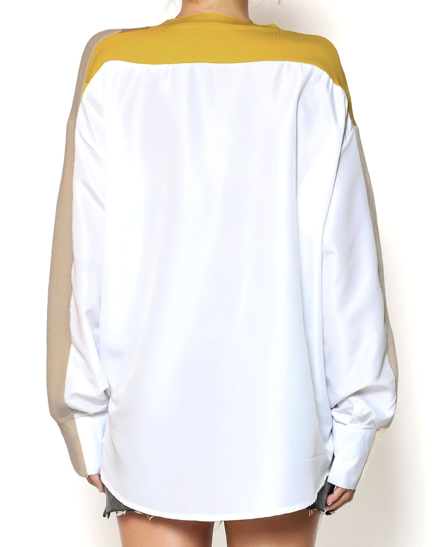 beige & mustard knitted with white shirt back contrast top *pre-order*