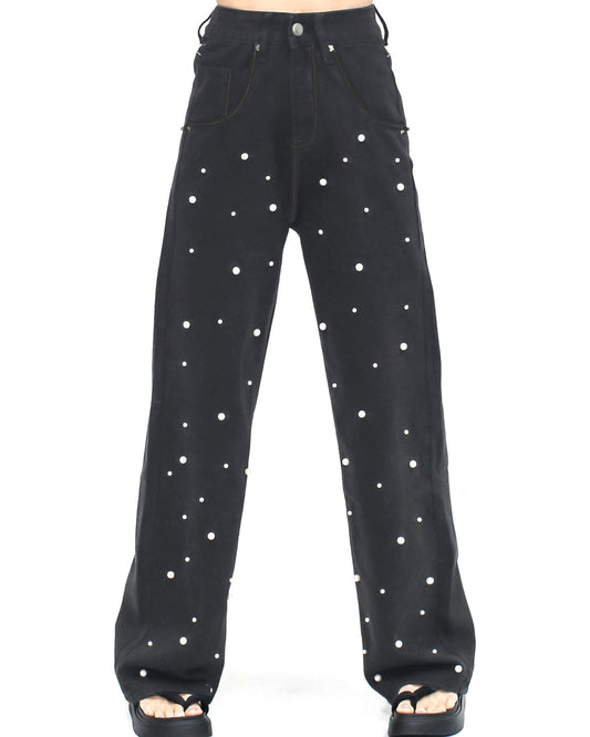 wash black denim pearls straight legs jeans *pre-order*