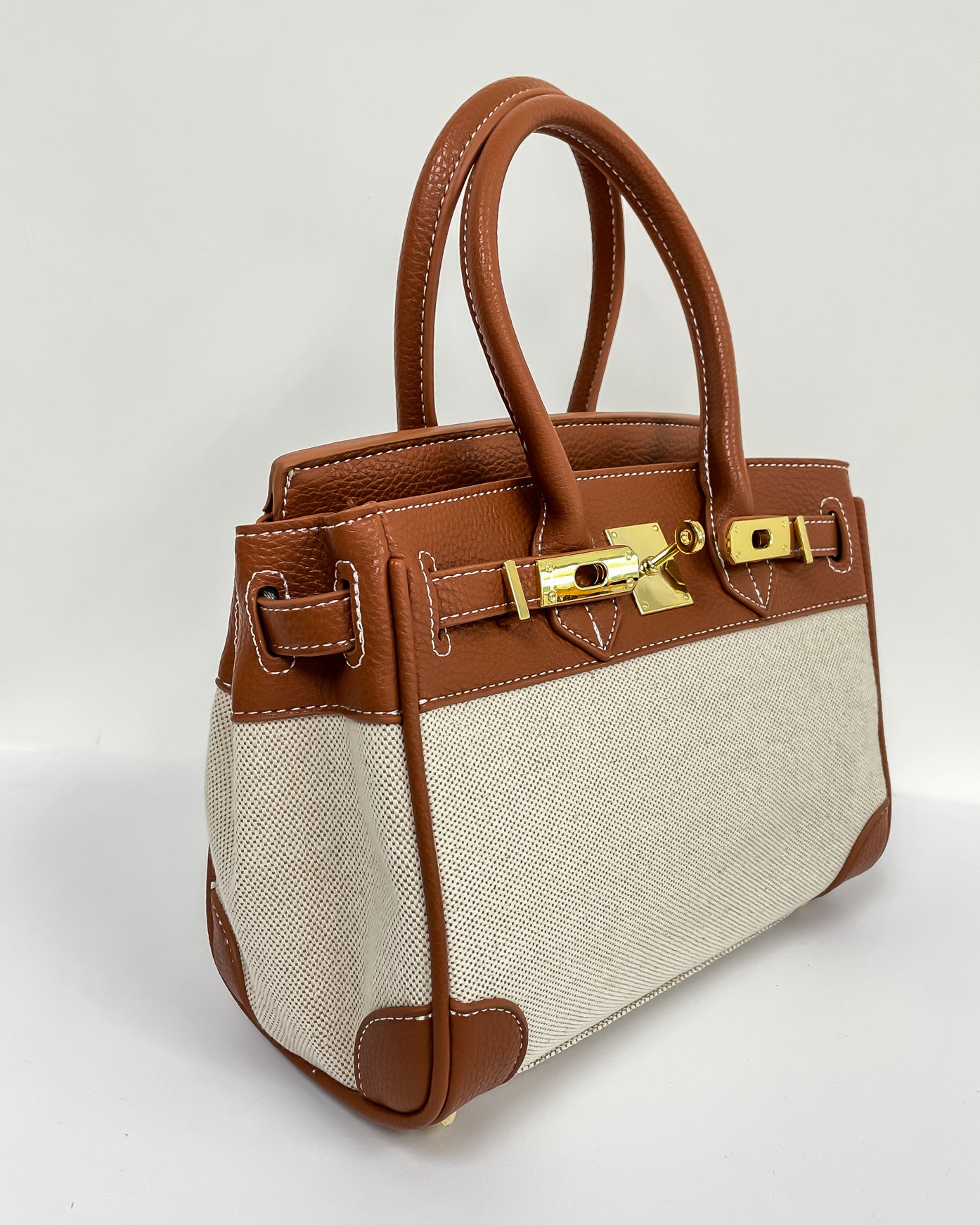 camel PU leather & canvas handle bag *pre-order*
