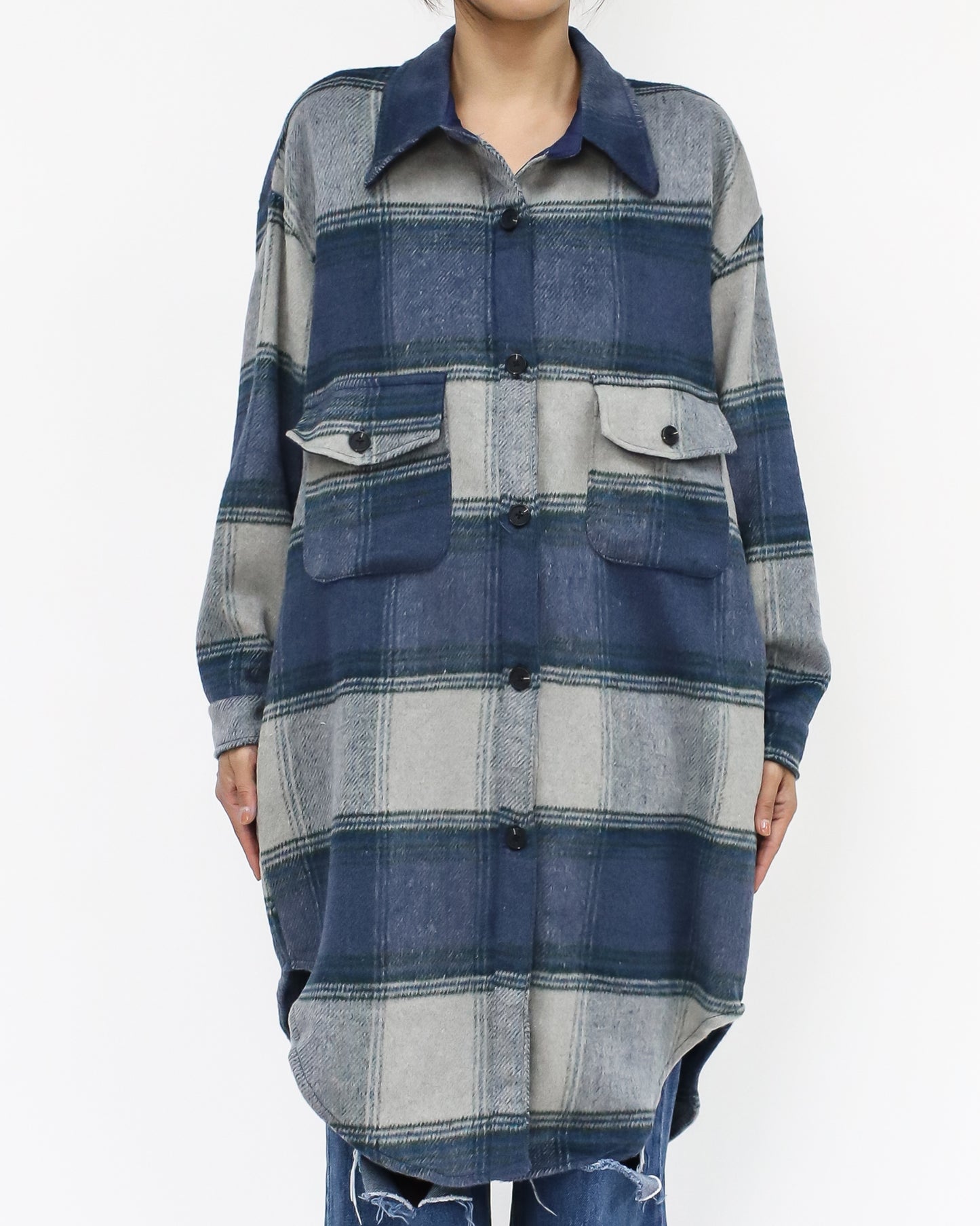 blue checkers wool blended longline shirt *pre-order*