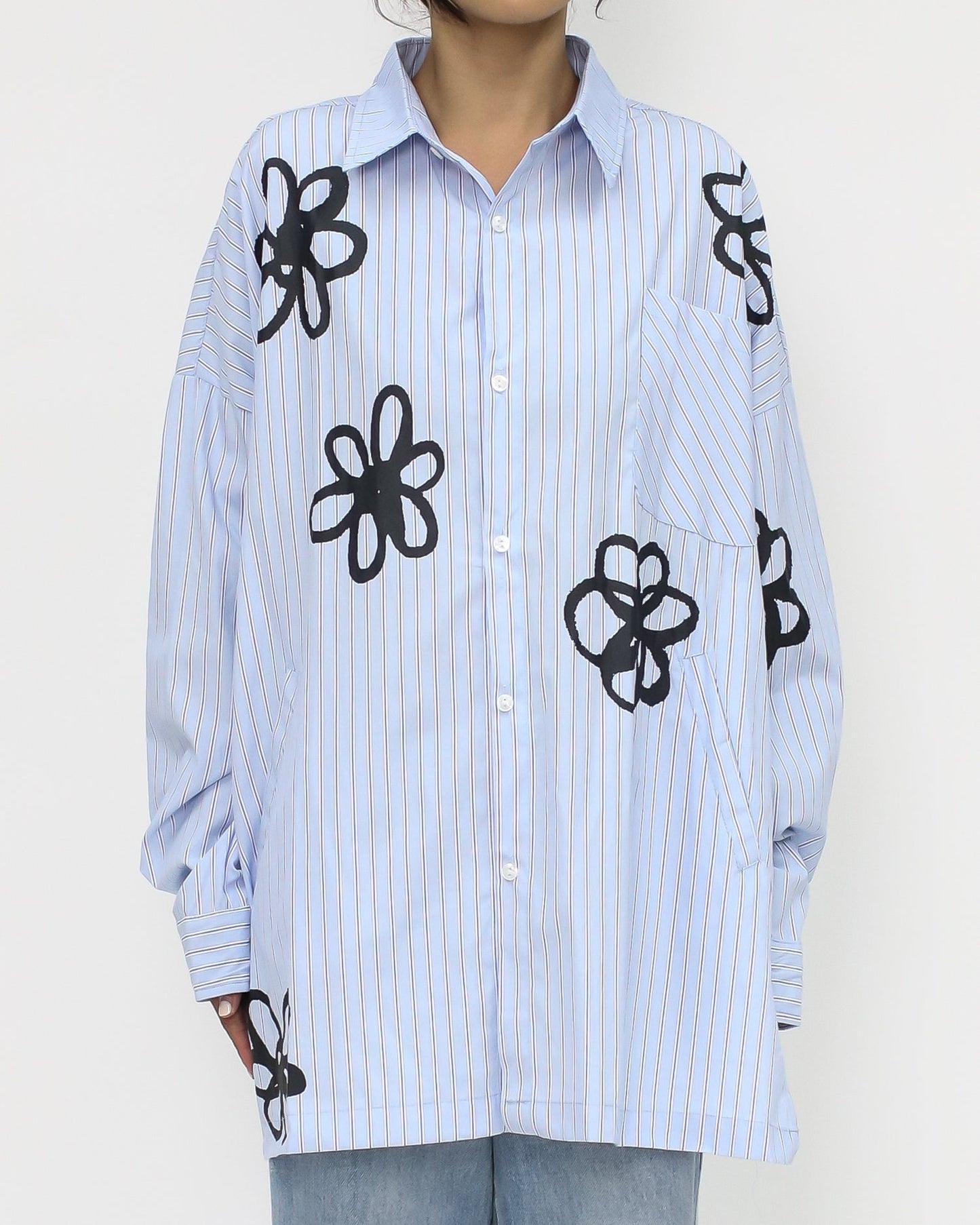 blue & ivory stripes flower printed shirt *pre-order*
