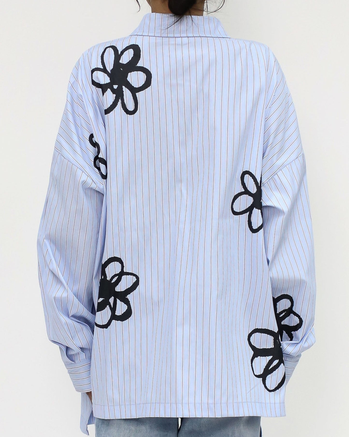 藍色和象牙色條紋花卉印花襯衫 *預購*