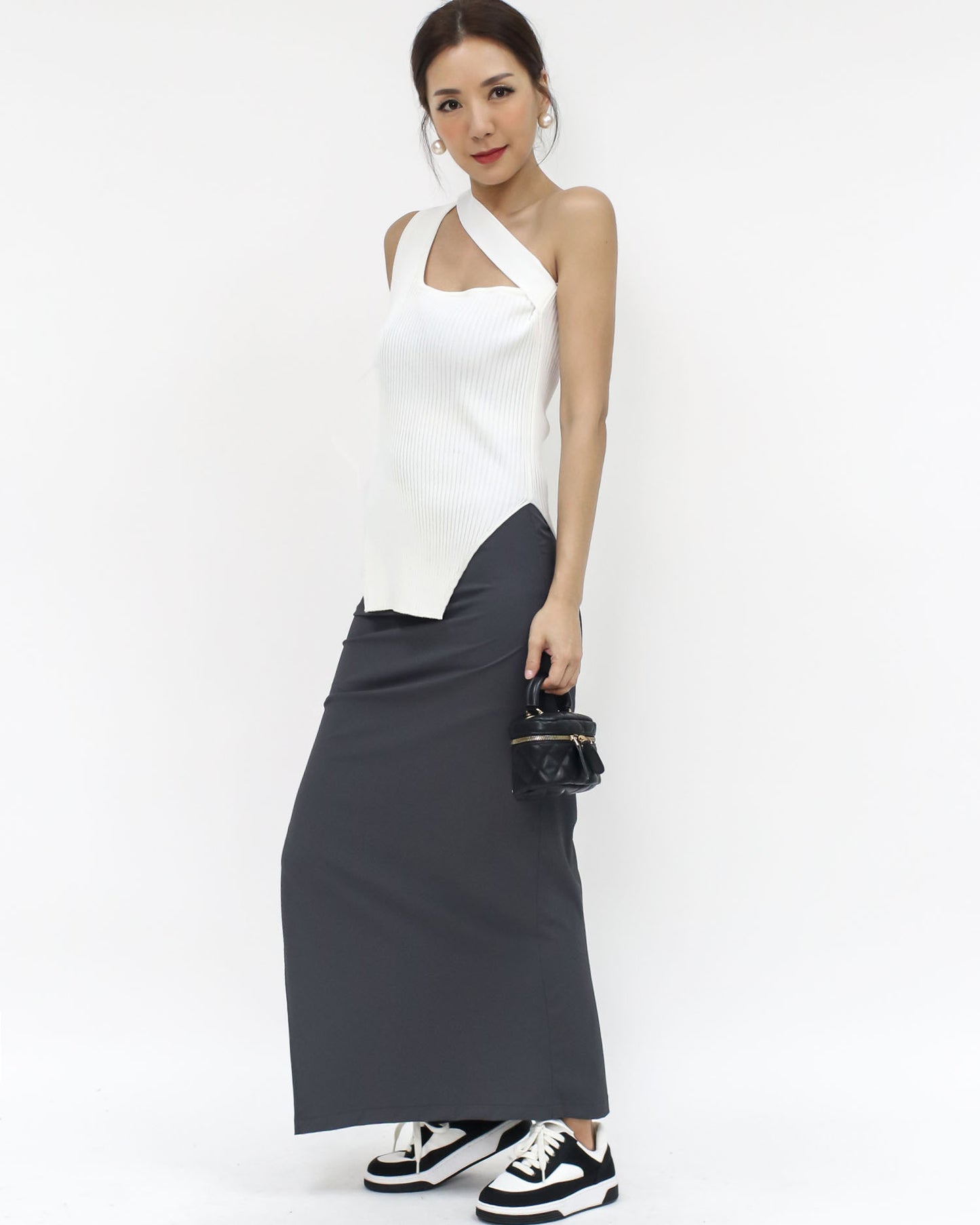 dark grey ruched split side slinky straight skirt *pre-order*