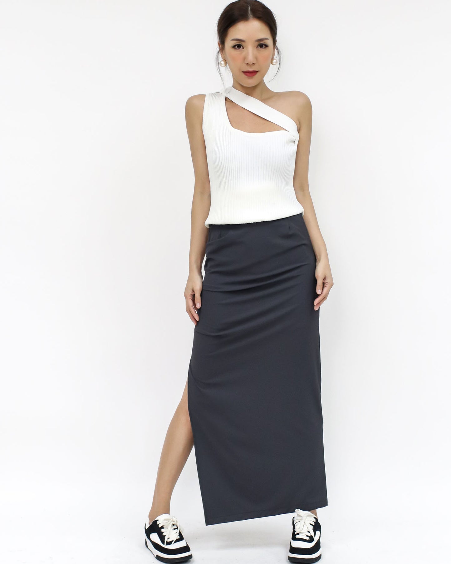 dark grey ruched split side slinky straight skirt *pre-order*