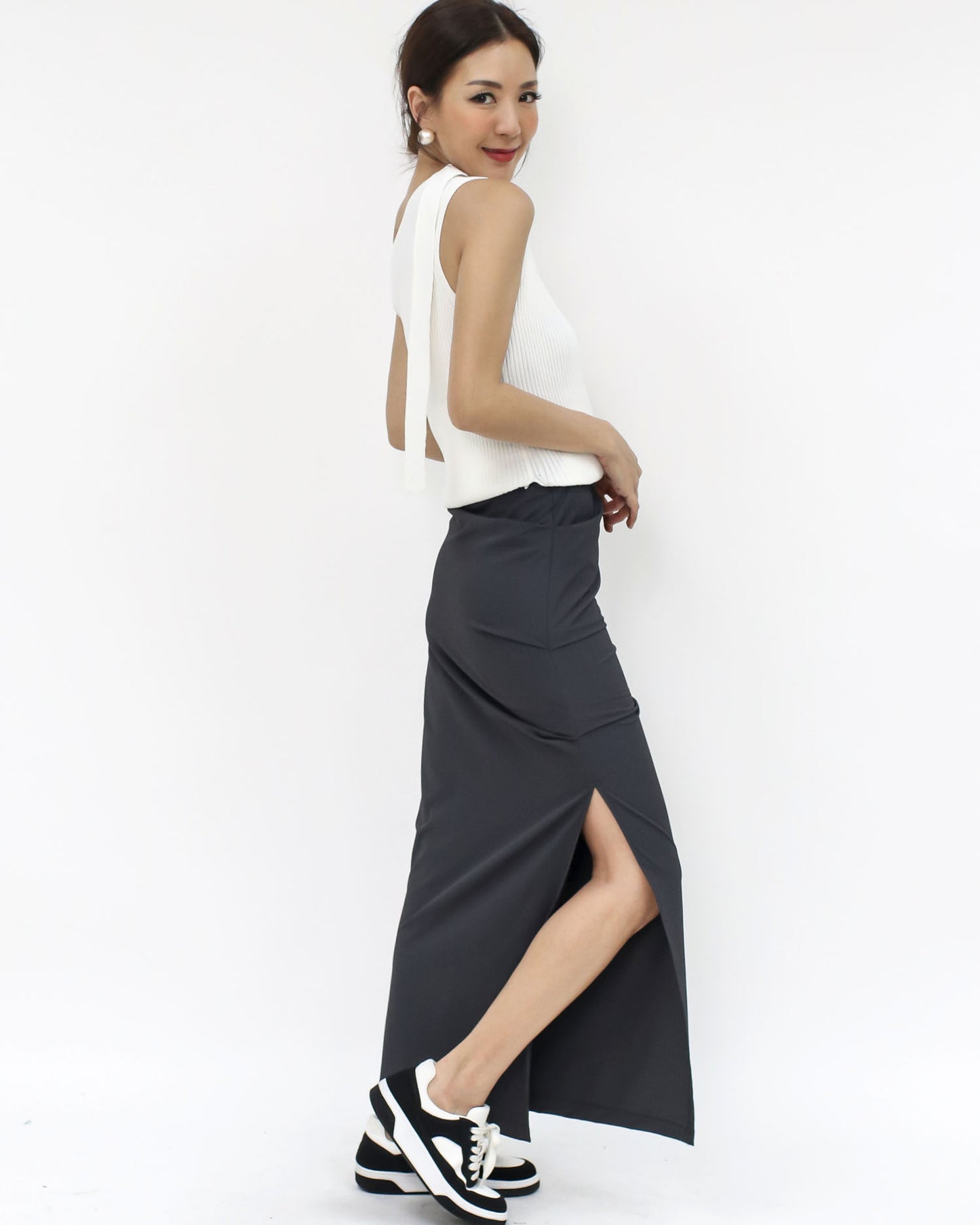 dark grey ruched split side slinky straight skirt *pre-order*