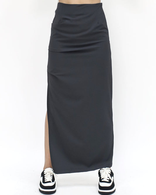 dark grey ruched split side slinky straight skirt *pre-order*