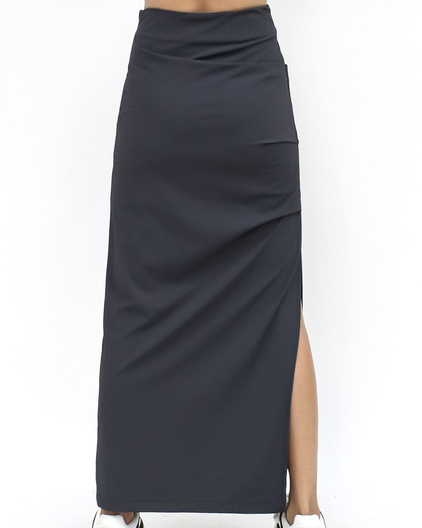 dark grey ruched split side slinky straight skirt *pre-order*