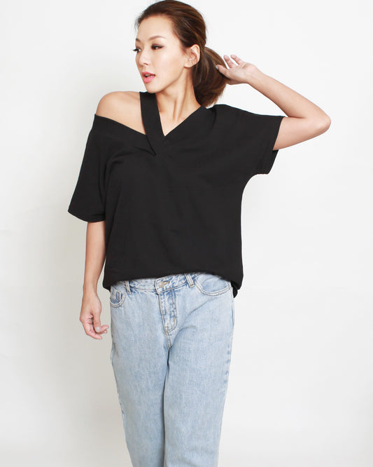 black strappy off shoulder tee