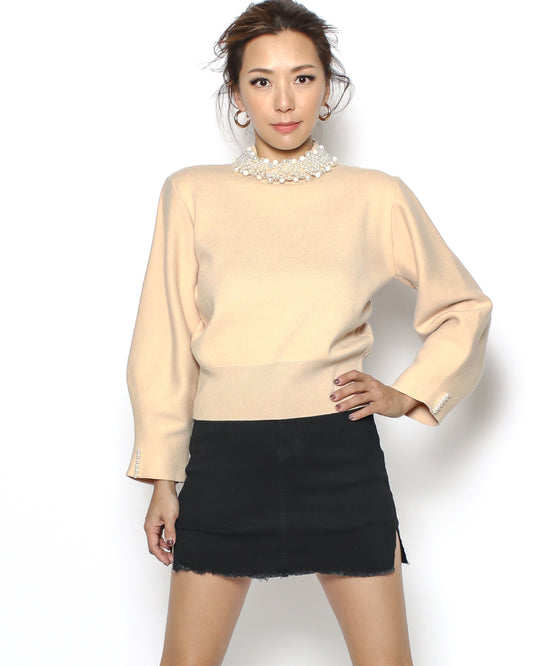 beige pearls neckline knitted top *pre-order*