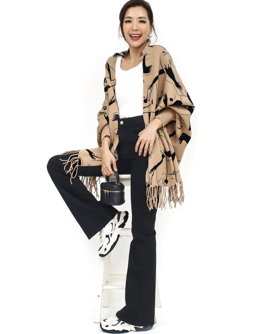 camel printed tassels knitted scarf poncho *pre-order*