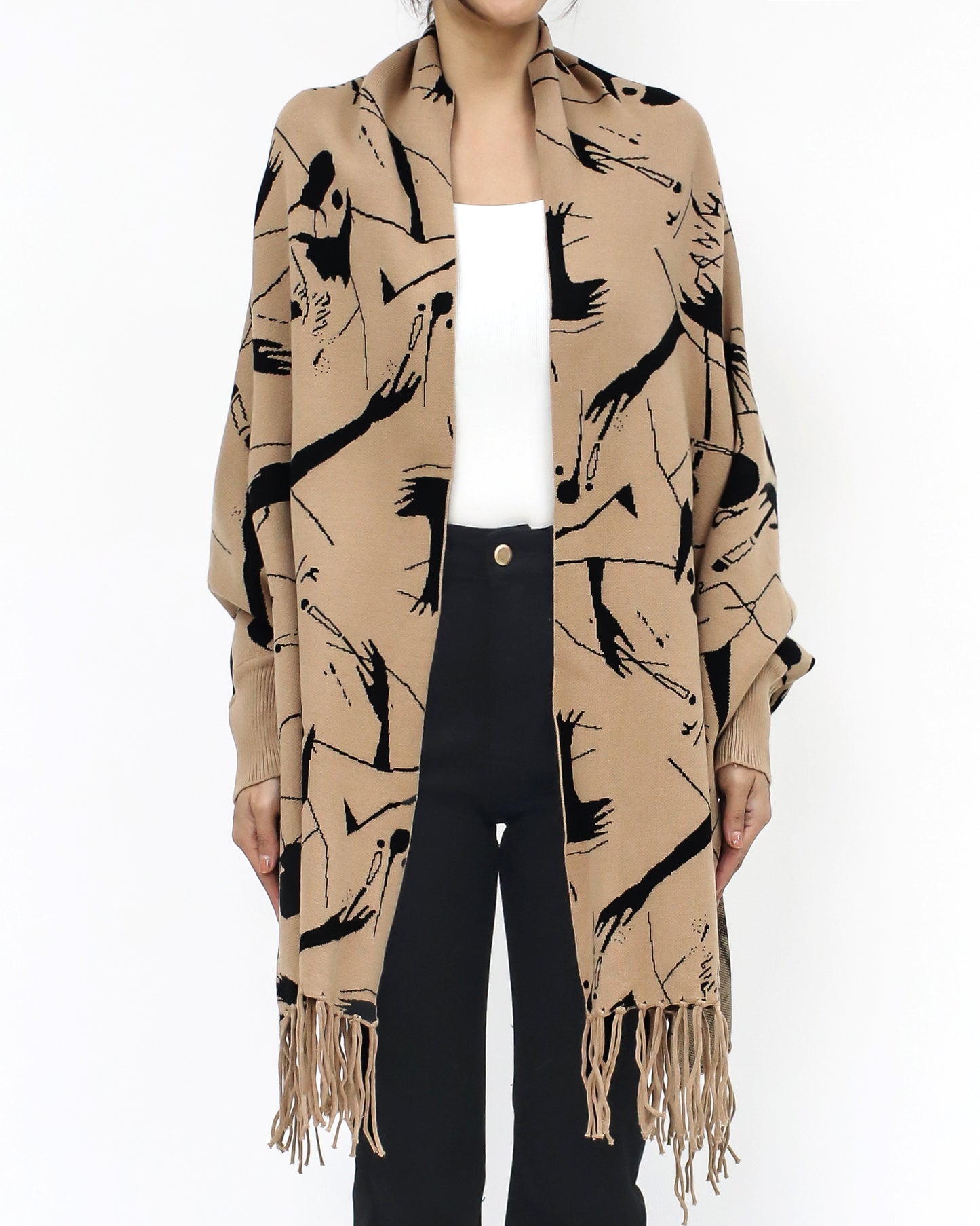 camel printed tassels knitted scarf poncho *pre-order*