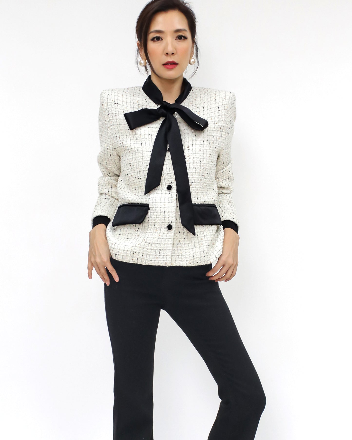 ivory luxe tweed ribbon front jacket *pre-order*