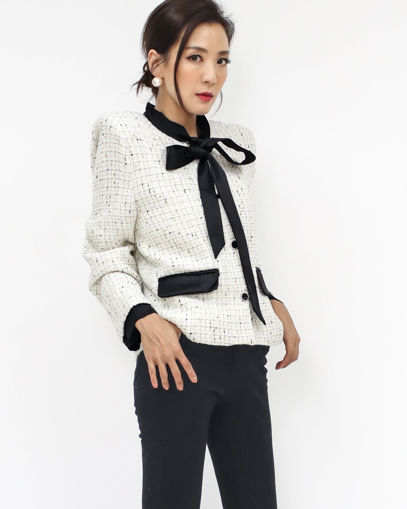 ivory luxe tweed ribbon front jacket *pre-order*