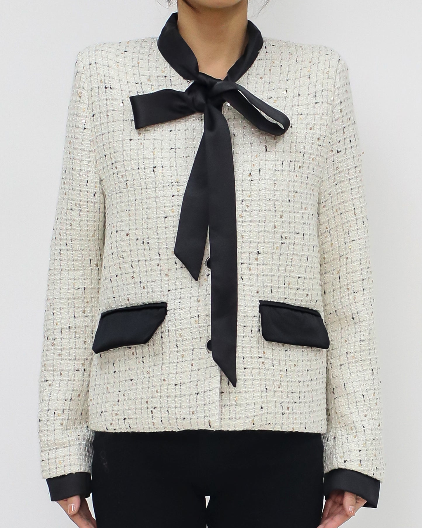 ivory luxe tweed ribbon front jacket *pre-order*