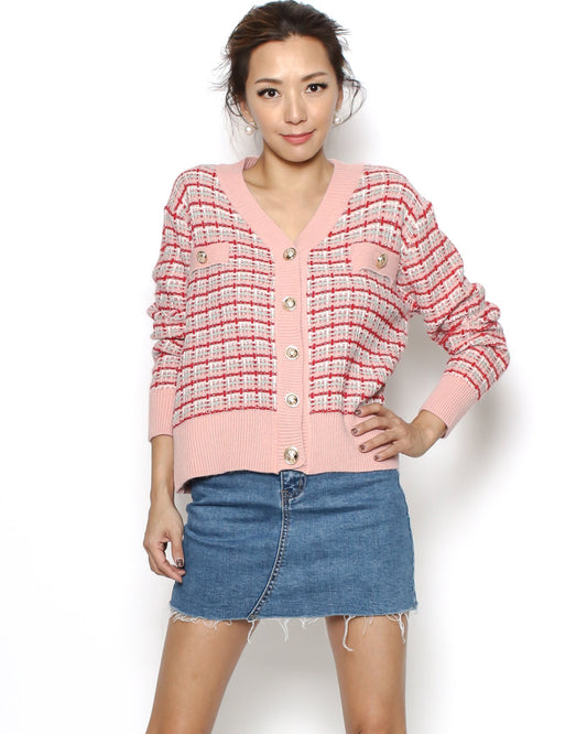pink checkers knitted cardigan *pre-order*