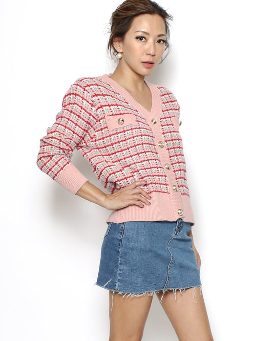 pink checkers knitted cardigan *pre-order*