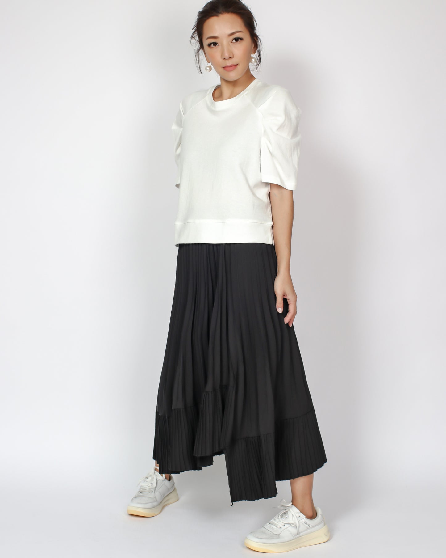 black crepe pleats asymmetric hem midi skirt *pre-order*