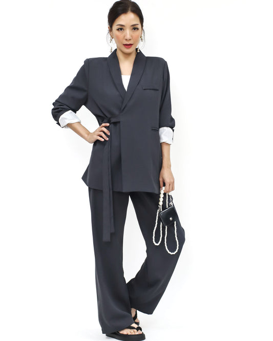 grey slinky w/ stripes inner blazer & pants set *pre-order*