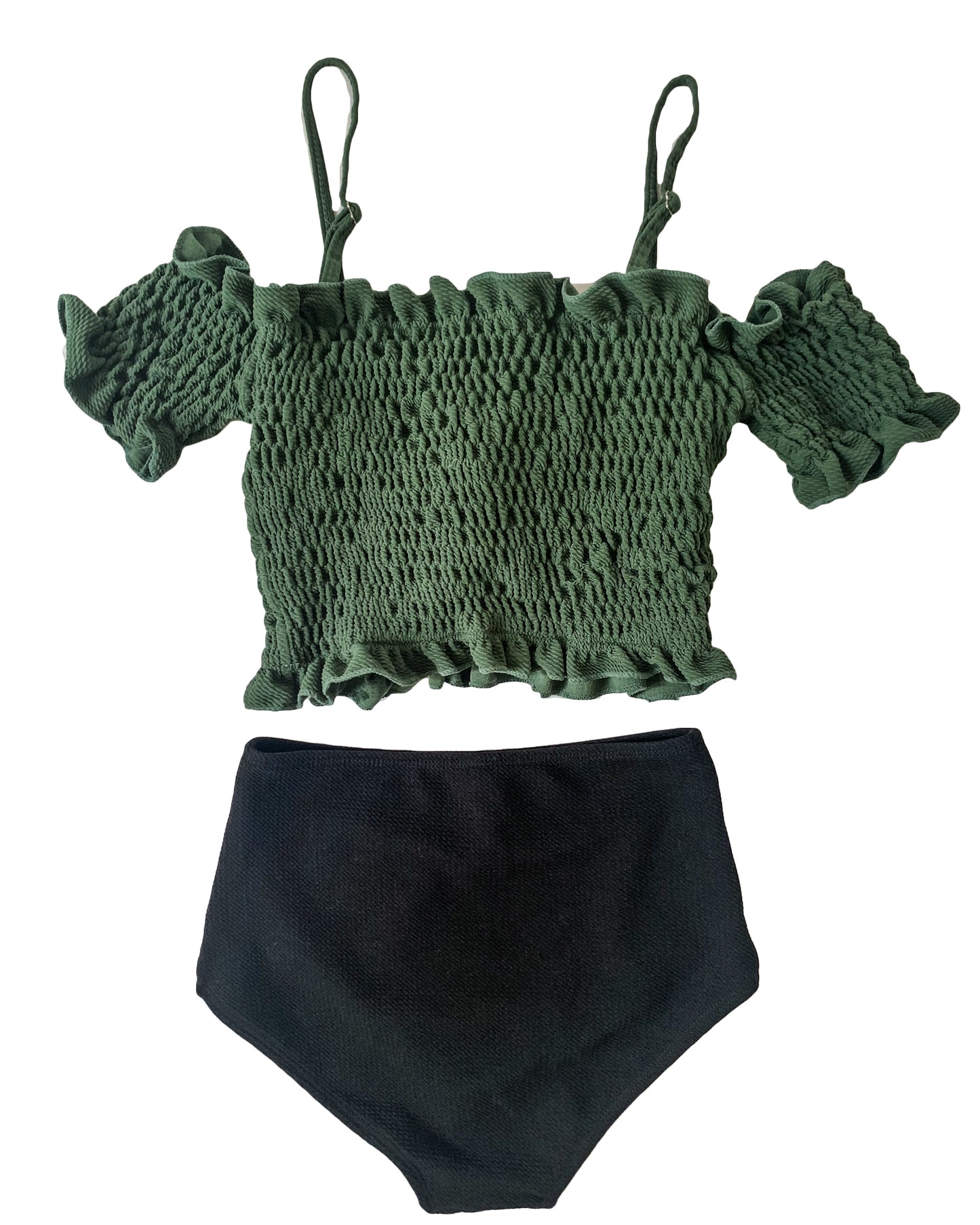 green ruched off shoulders & black high waist texture bottom bikini  *pre-order*