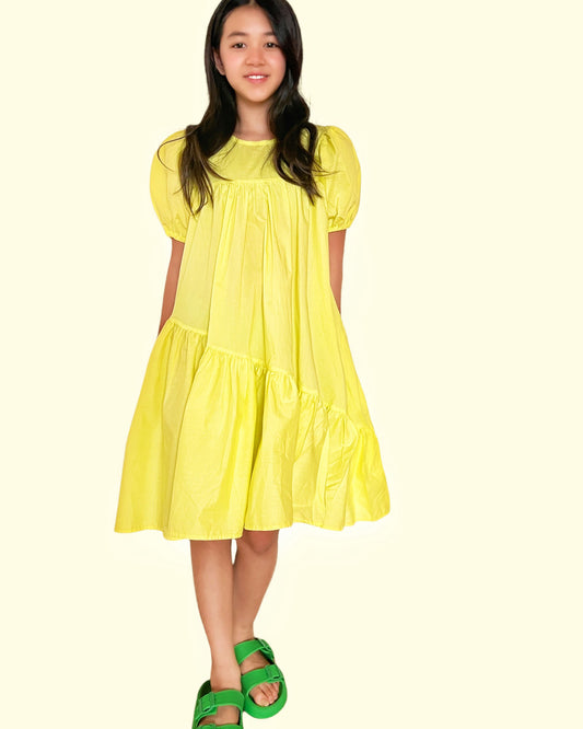 kids -yellow puff sleeves shirt dress *pre-order*