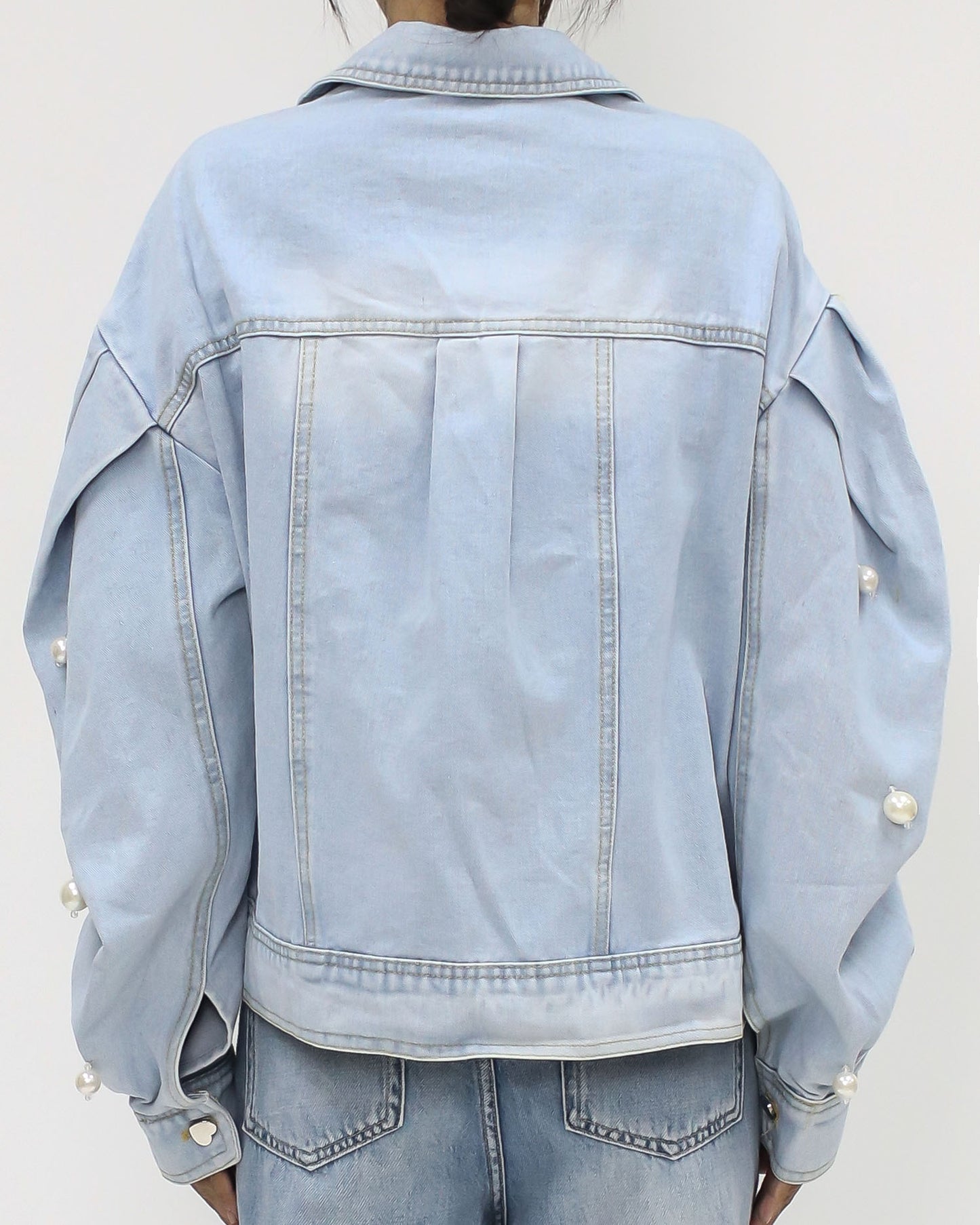 denim pearls puff sleeves jacket