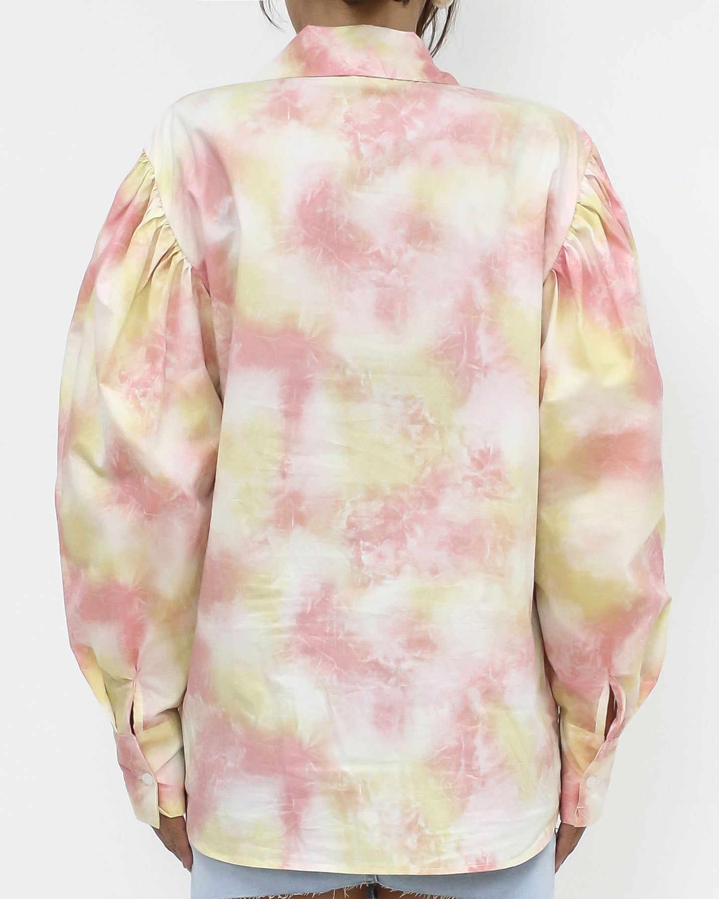 ivory & pink printed puff sleeves shirt