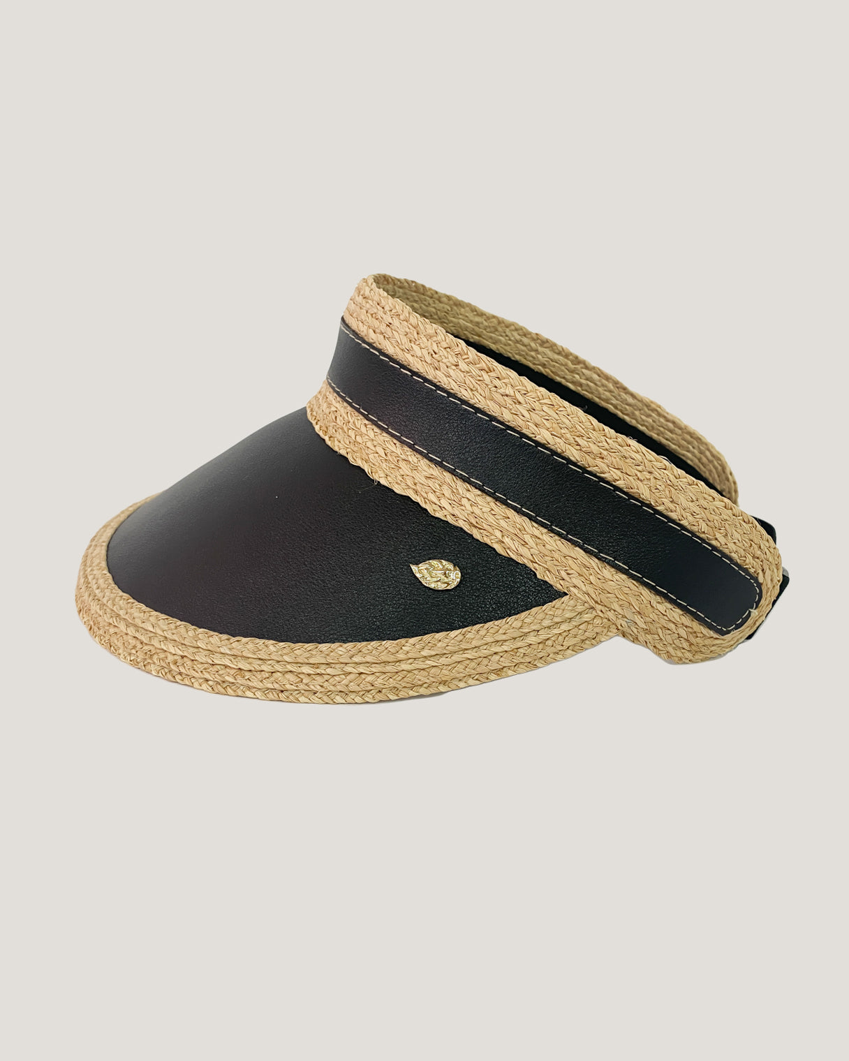 black & PU leather straw visor hat