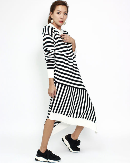 black & ivory stripes asymmetric sweat dress *pre-order*