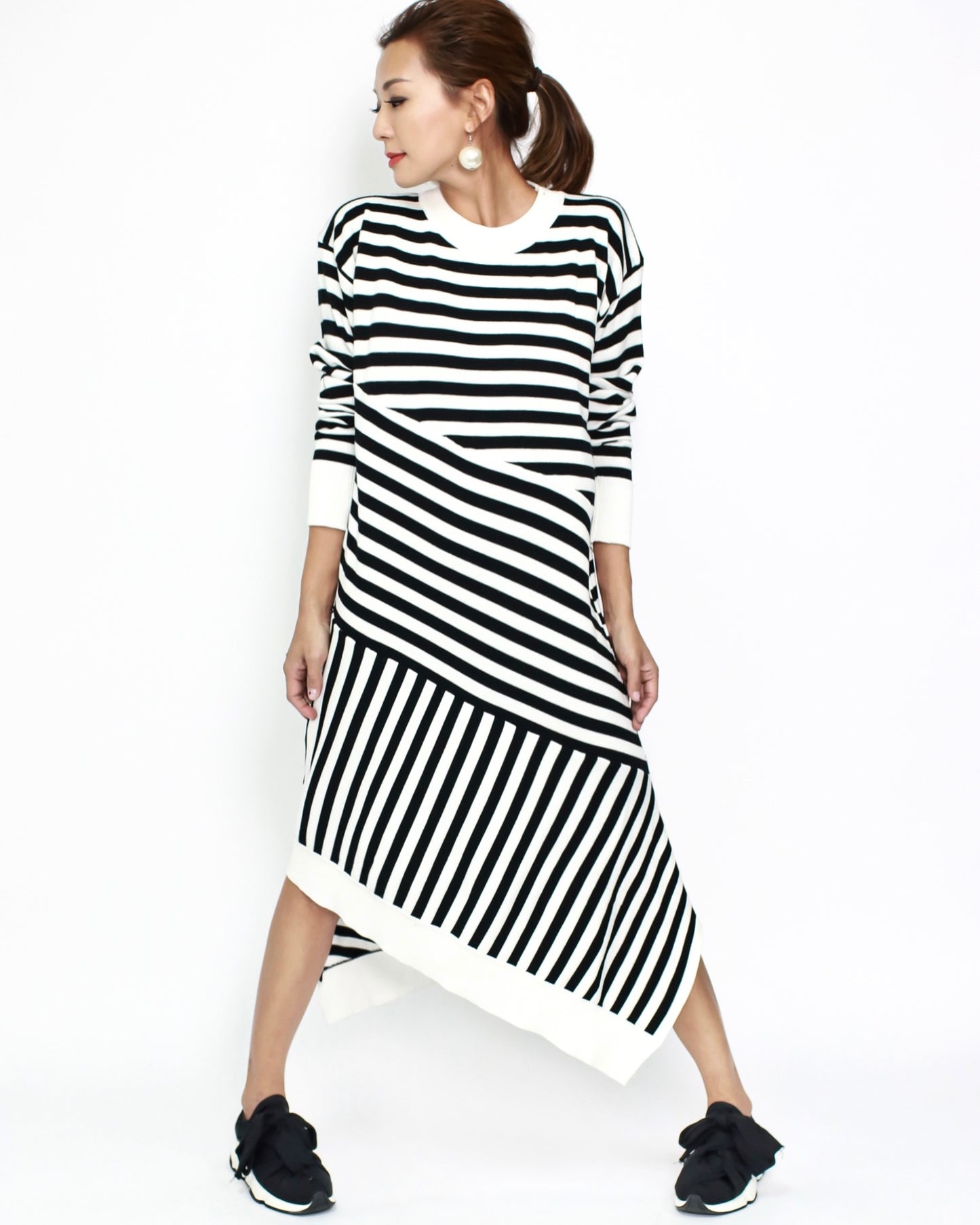 black & ivory stripes asymmetric sweat dress