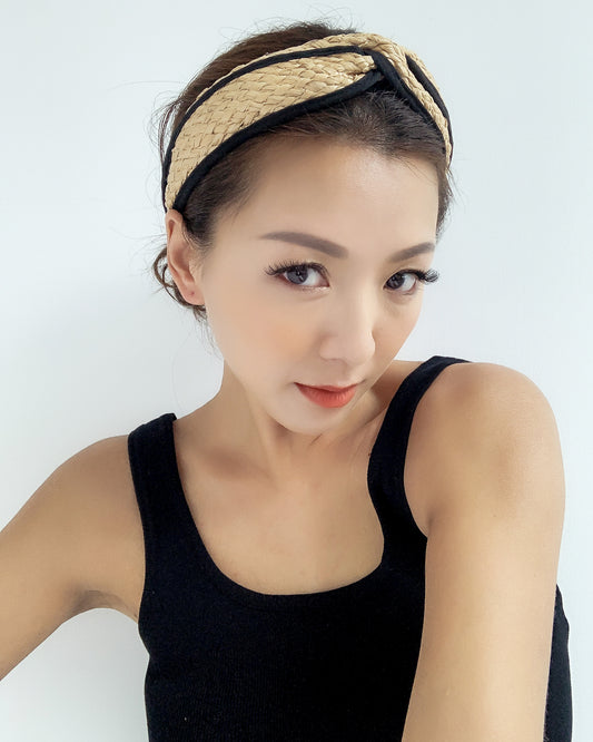 beige straw with black trim twisted headband *pre-order*