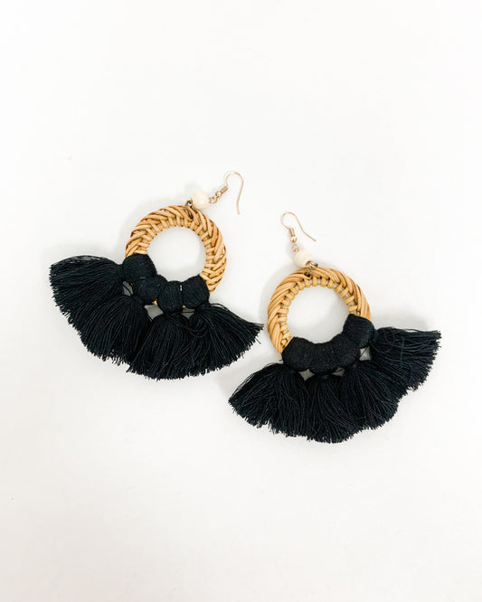 black tassels with straw earrings