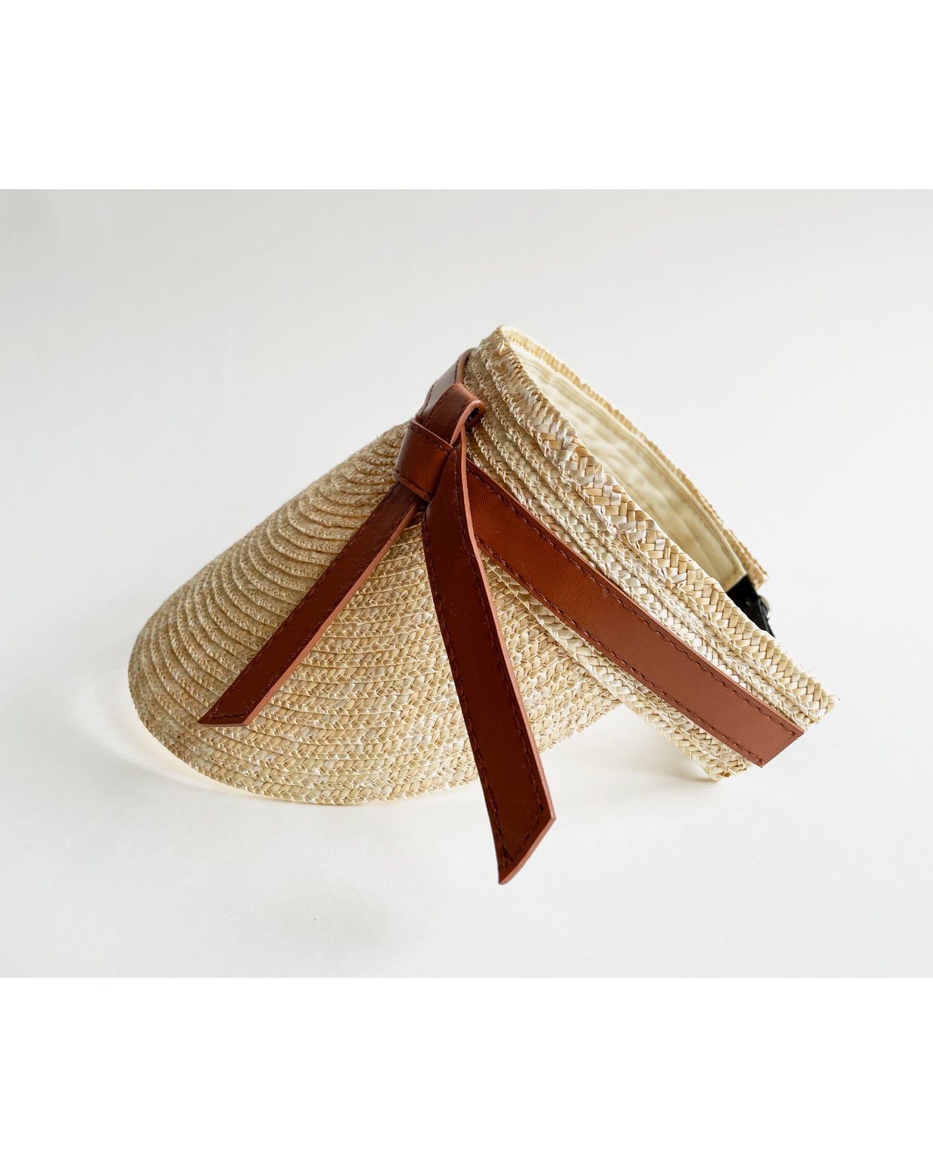 beige & PU brown leather tie straw visor hat *pre-order*