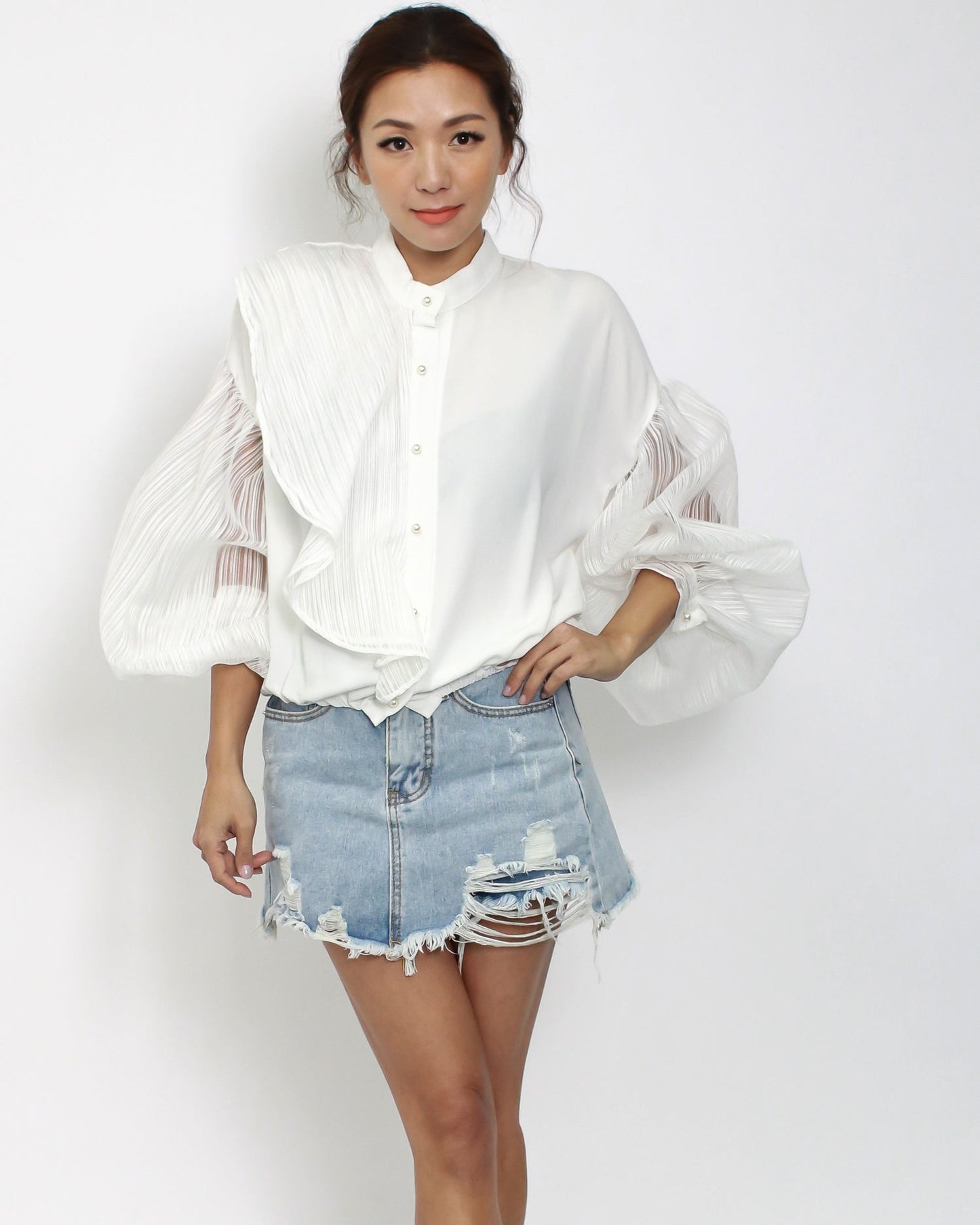 ivory organza stripes sleeves shirt *pre-order*