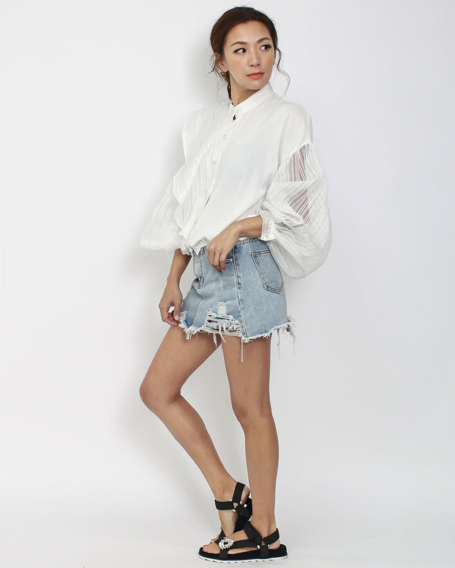 ivory organza stripes sleeves shirt *pre-order*