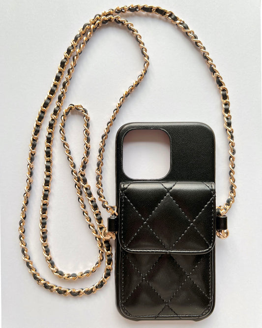 black PU leather quilted pocket cross body chain phone case *pre-order*