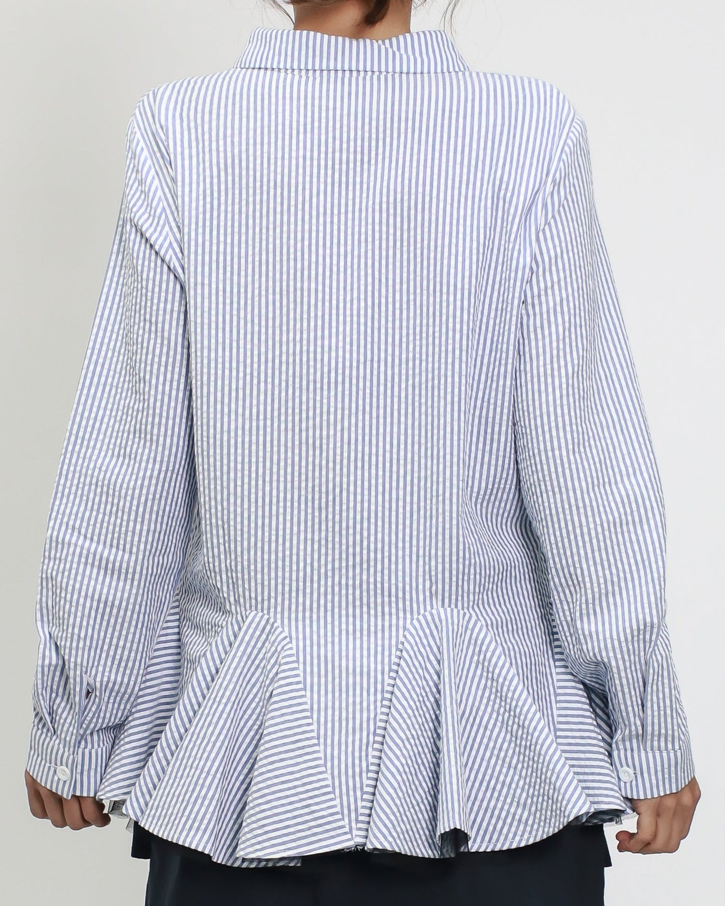 blue stripes texture shirt w/ black mesh layer ruffles hem *pre-order*