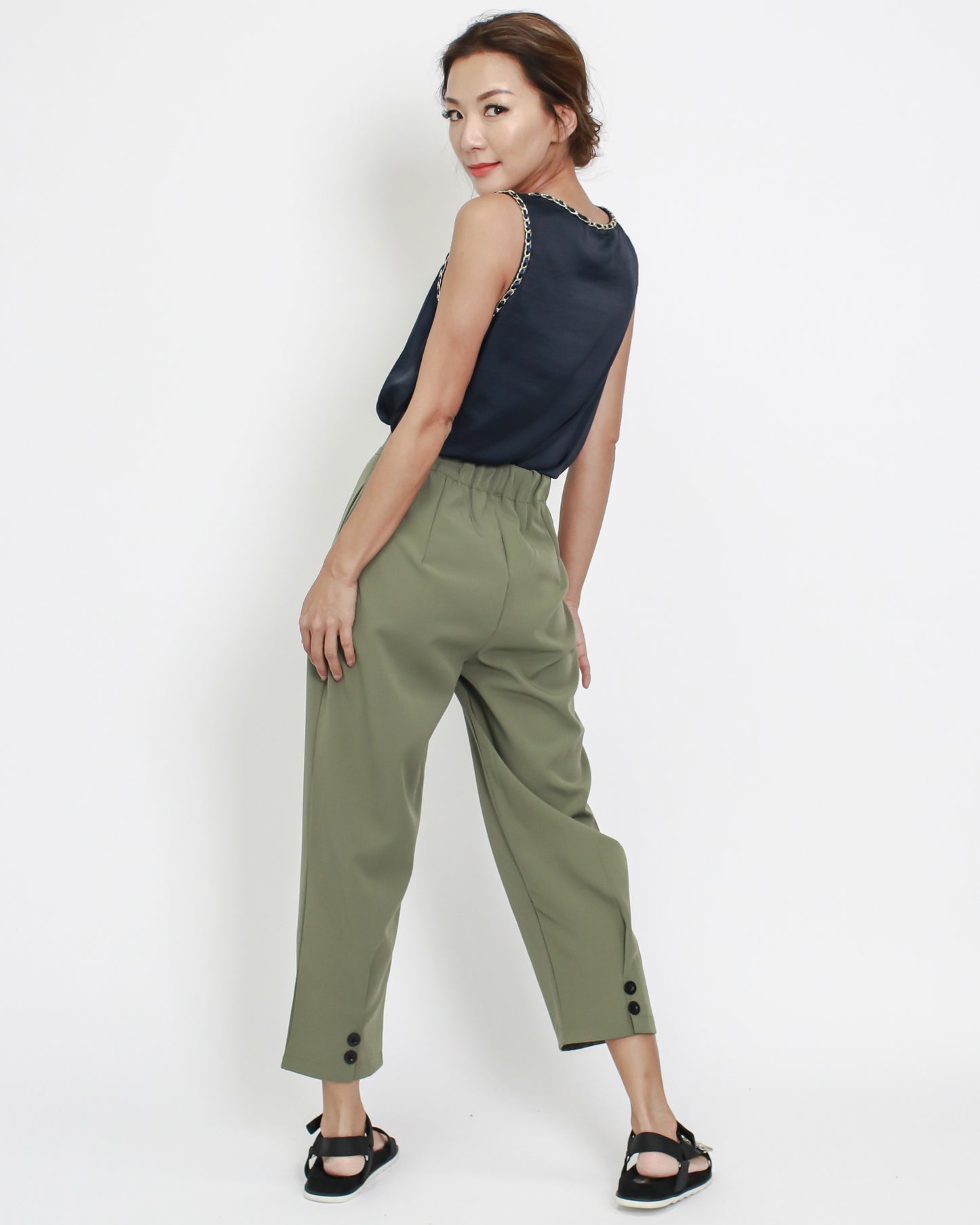 olive button back slinky cropped pants *pre-order*
