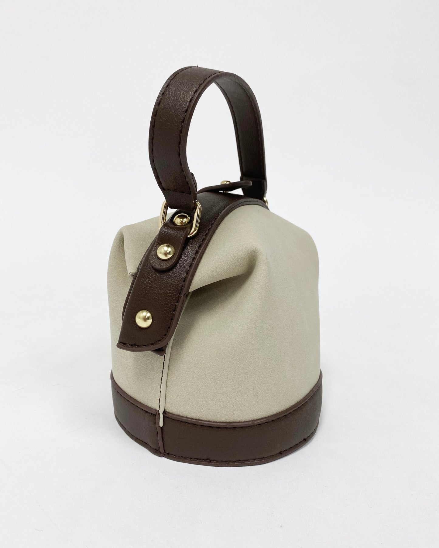 beige faux suede with PU brown leather bucket bag *pre-order*