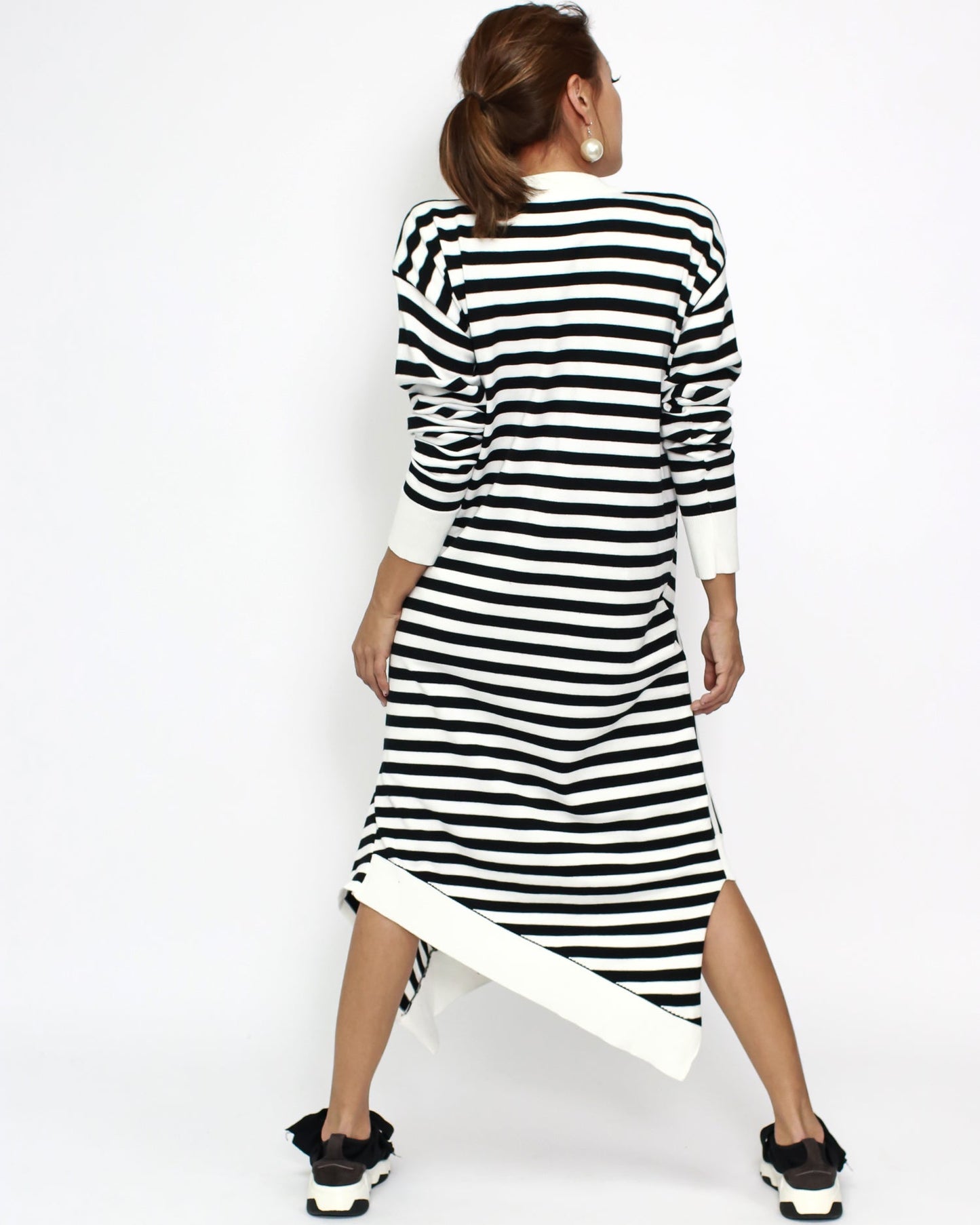 black & ivory stripes asymmetric sweat dress