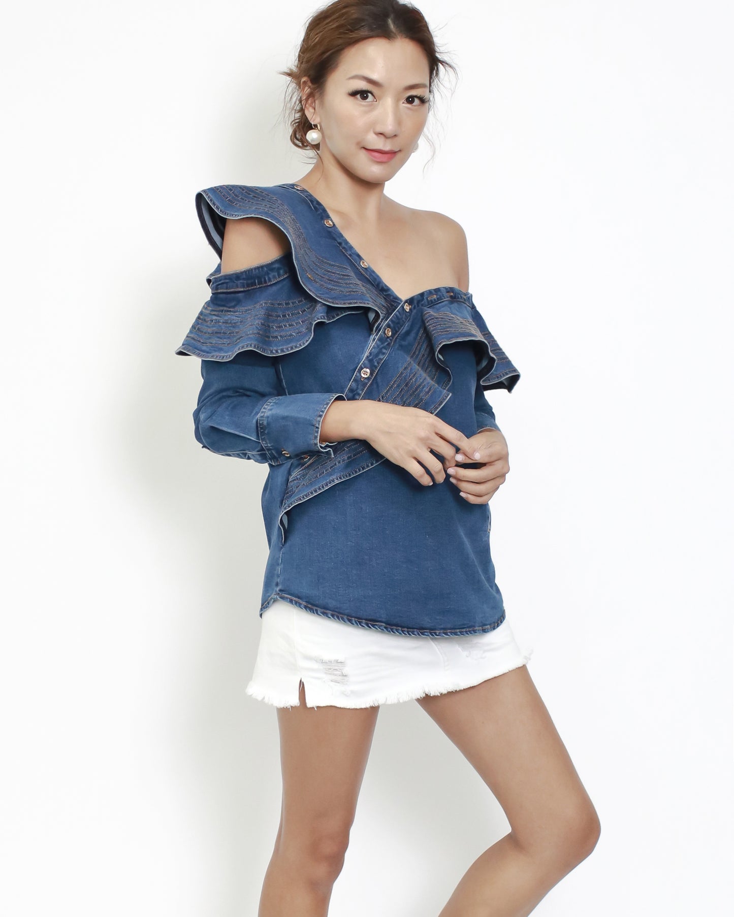 denim ruffles off shoulder top *pre-order*