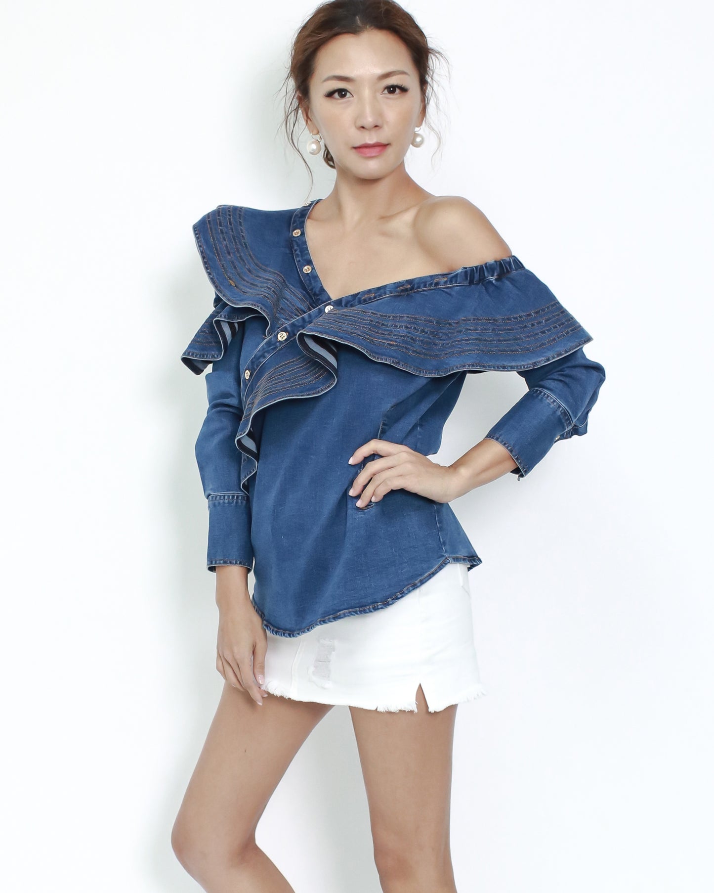 denim ruffles off shoulder top *pre-order*