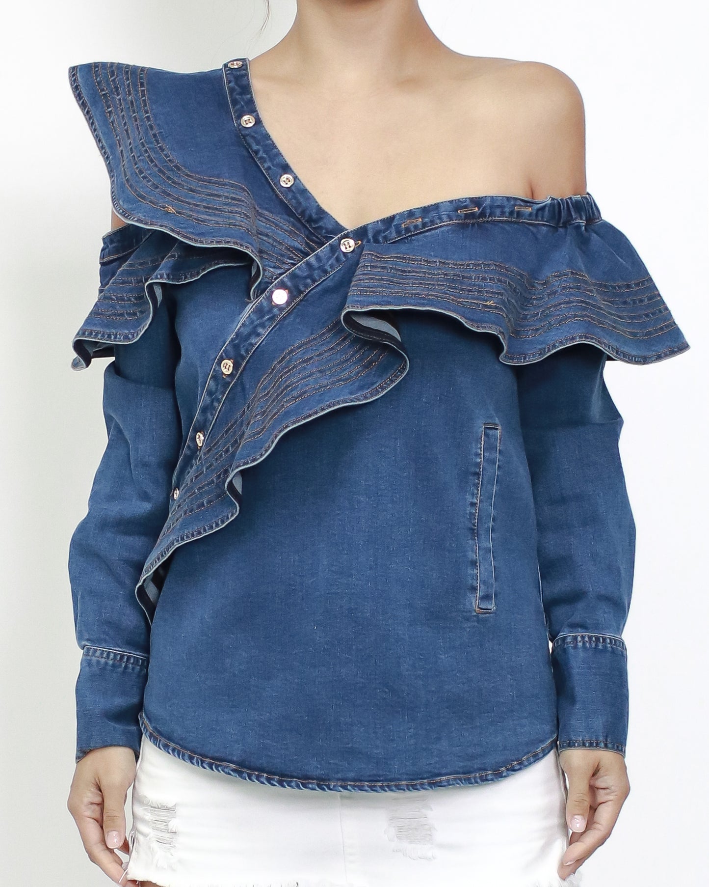 denim ruffles off shoulder top *pre-order*