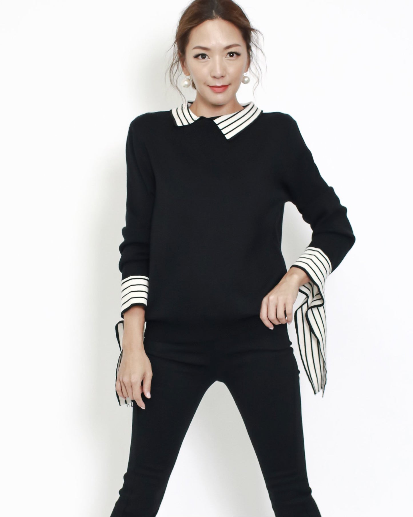 black & ivory stripes collar & cuffs knitted top *pre-order*