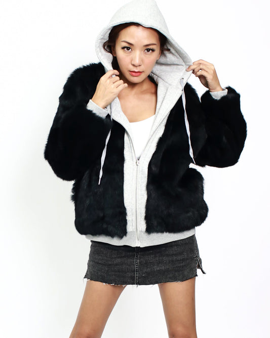 grey & black furry hoodie sweatshirt quilted jacket *pre-order*