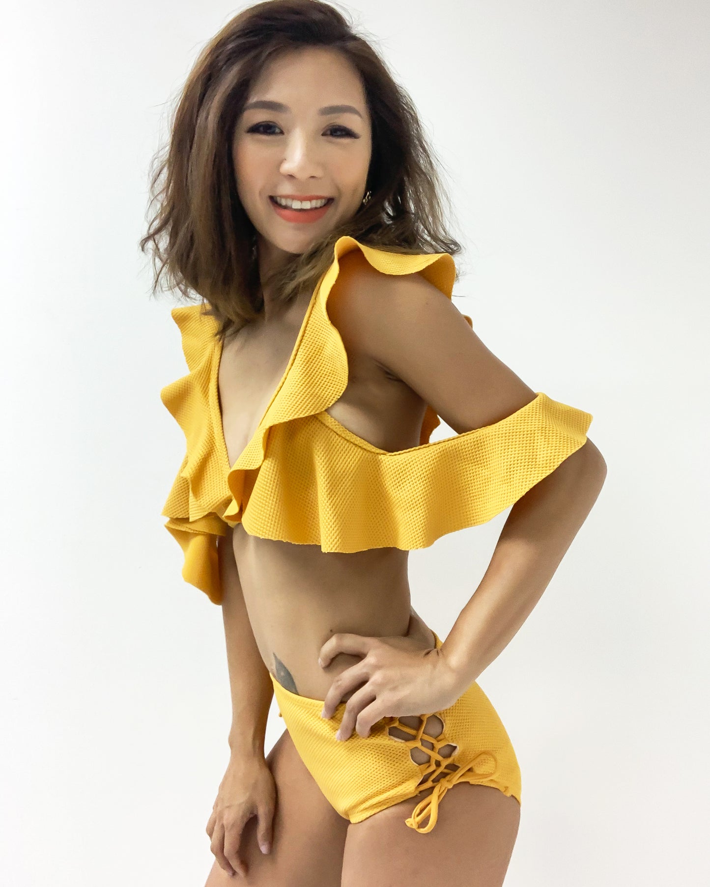 mango ruffles with lace up sides mid waist bottom texture swimwear *pre-order*