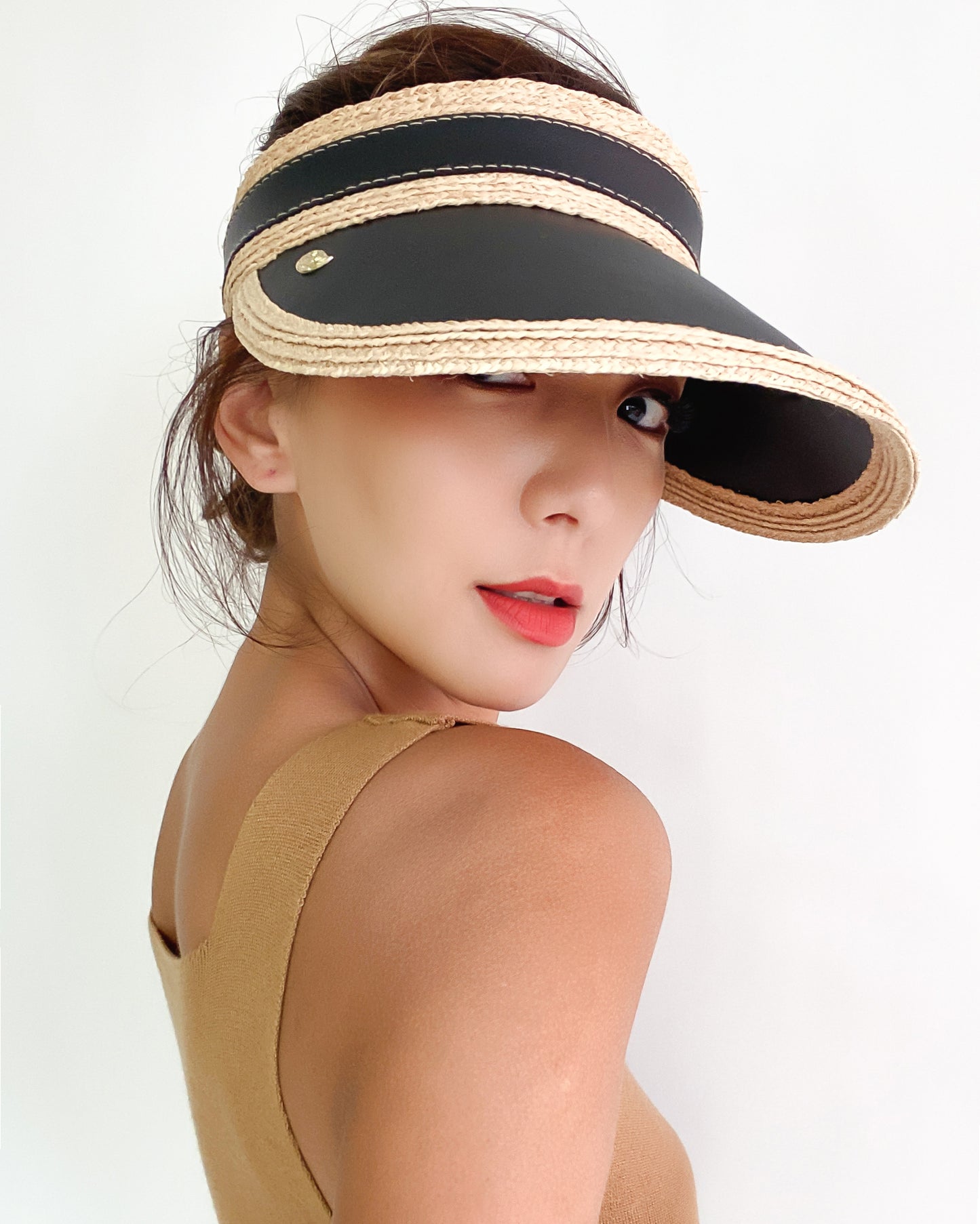 black & PU leather straw visor hat *pre-order*