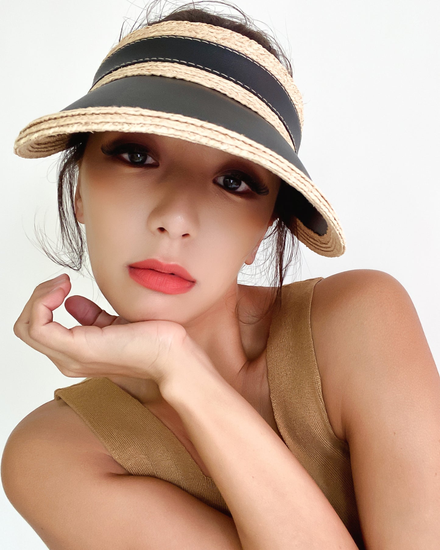 black & PU leather straw visor hat